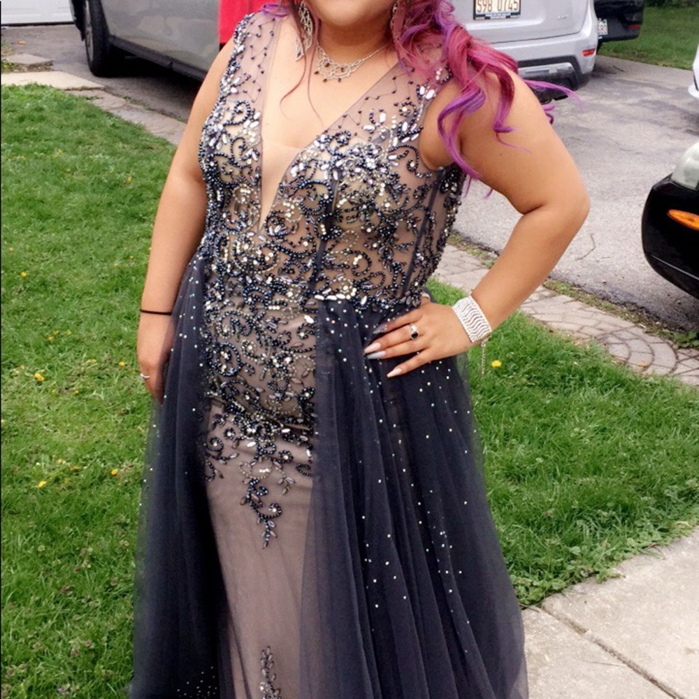 Black Charcoal prom dress by Jovani.